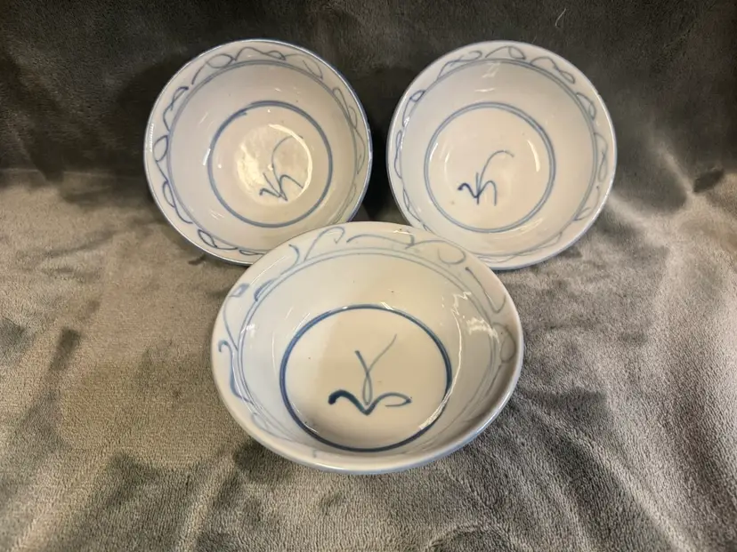 3 VTG Chinese Cobalt Blue Rice Soup Bowls Dishes Peony Flower China Porcelain