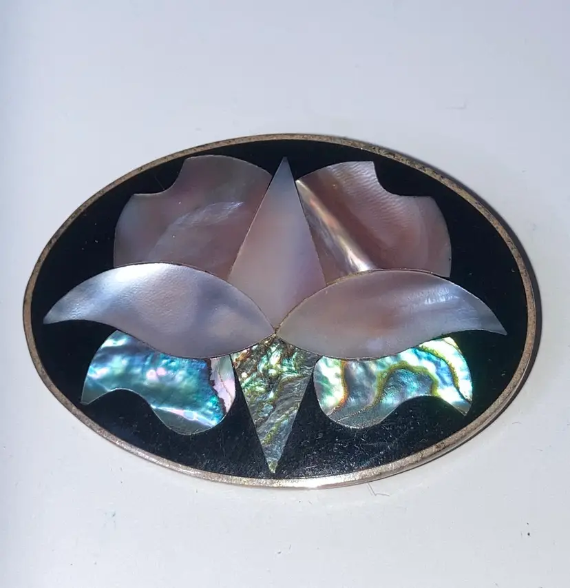 Vintage Sterling Mother Of Pearl And Abalone Floral Brooch! Stamped And Acid Tested! 2 3/4”! Stamped Alpaca Mexico!