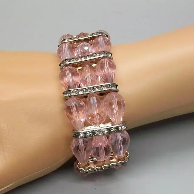 Handcrafted Pink Crystal Teardrop Beads Stretch Cuff Bracelet Clear Rhinestone Accent Spacers