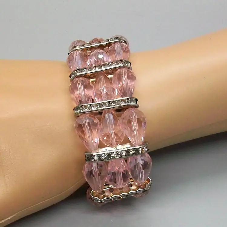 Handcrafted Pink Crystal Teardrop Beads Stretch Cuff Bracelet Clear Rhinestone Accent Spacers