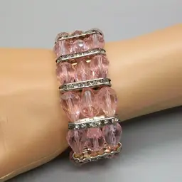 Handcrafted Pink Crystal Teardrop Beads Stretch Cuff Bracelet Clear Rhinestone Accent Spacers