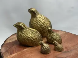 Vintage MCM Brass Quail Set Of 5 Bird Figurines Partridge Babies Mom Dad