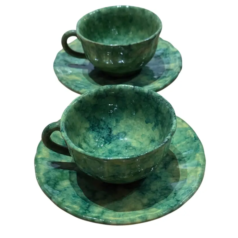 Cantagalli majolica pottery, green teacups and saucers From Florence, Italy
