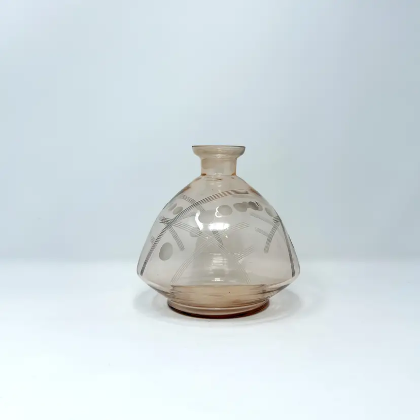 Etched Pink Glass Decanter With Dome Shape – Mid Century Art Deco Vase (0003-25)
