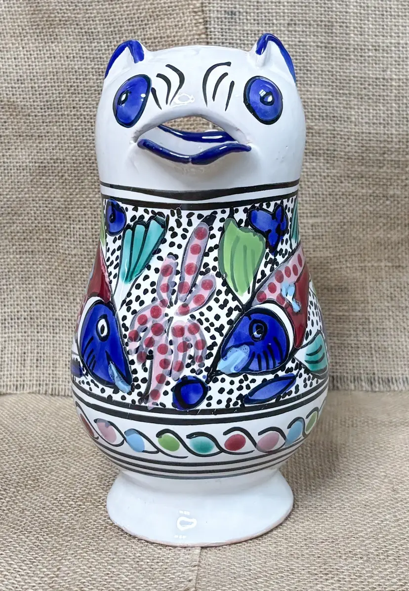Cat Pitcher Vase Hand Painted Fish Polish Pottery Vibes Kitsch Whimsical Funny