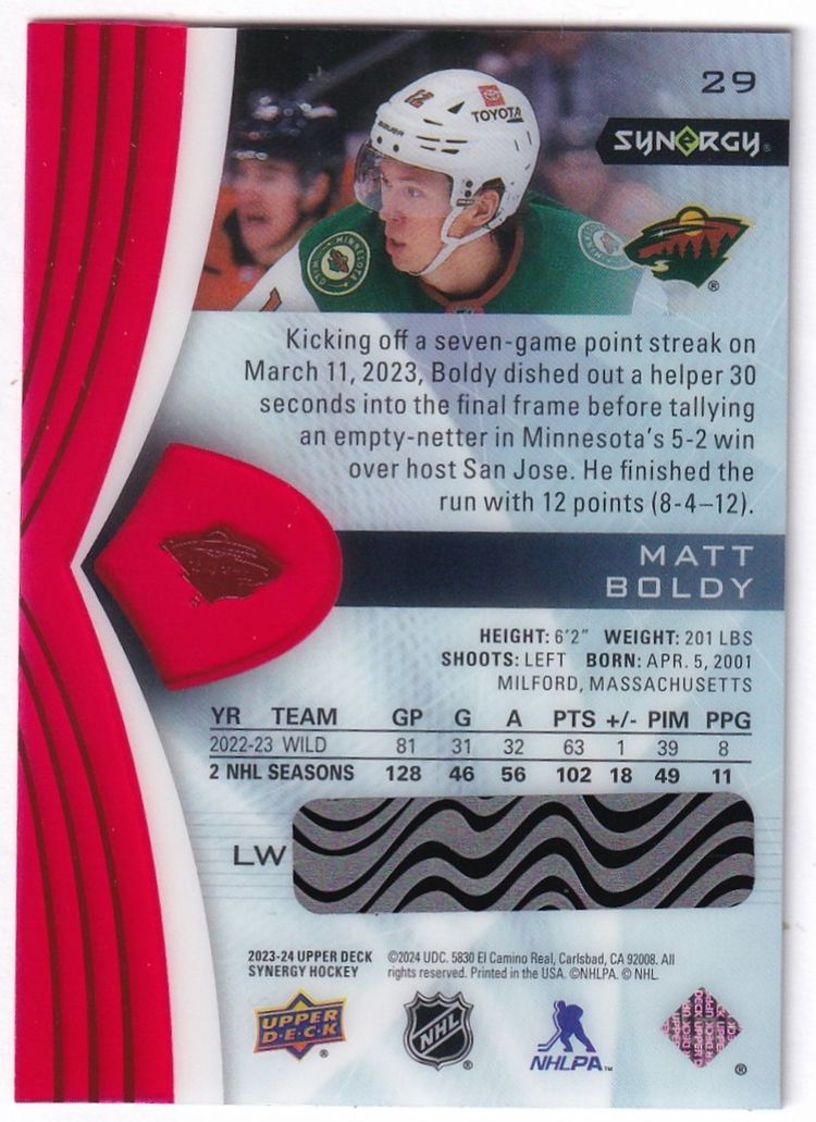 2023-24 Synergy Red Codes #29 Matt Boldy Minnesota Wild Hockey Card