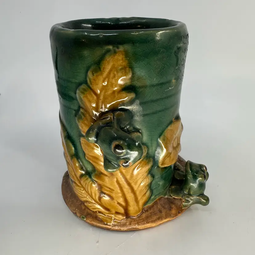 Majolica Planter With Bamboo And Frogs