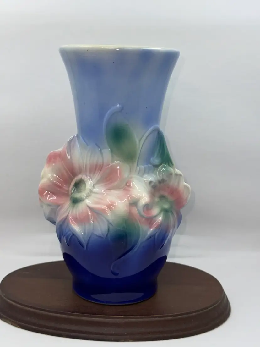 A vintage Royal Copley blue and pink floral relief pottery vase, 8”
