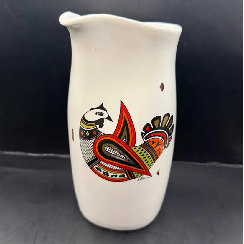 MCM Elena Hostess Ware Vibrant Modernist Folk Art Bird Pattern Pottery Pitcher 8”