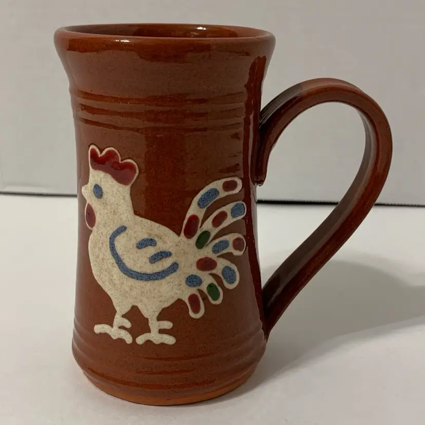 1986 Earthen Vessel Pottery Redware Folk Art Mug w Colorful Hen