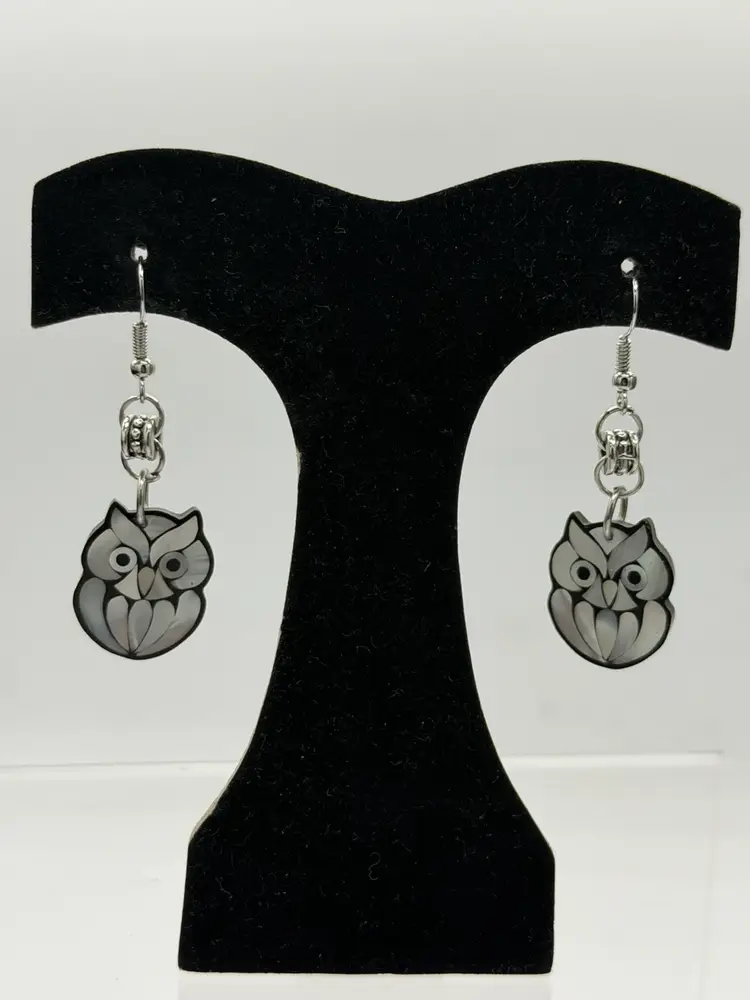 Owl Dangle Earrings Shell  Silver Tone