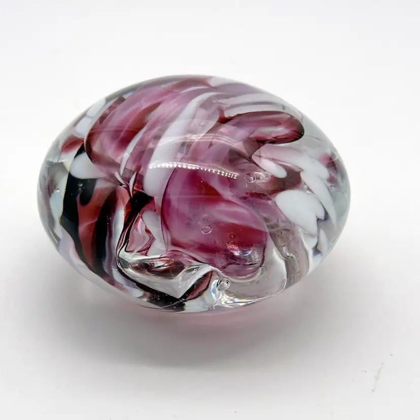 SIGNED Garner Toledo 93 White-Multi-Burgundy Paperweight Art Glass  HTF!