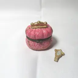 Porcelain Pink Purse Hinged Trinket Box w/ Mirror Trinket