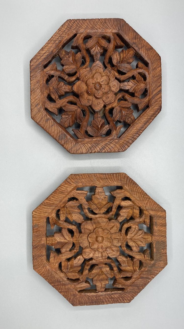 Hand Carved Wood Footed Trivets - Vintage - Set of 2