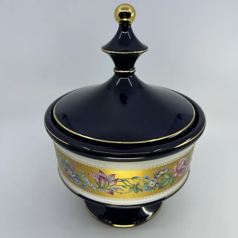 Vintage Cobalt Blue Floral Covered Candy Dish Florentine Italy
