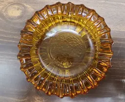 Vtg MCM Blenko Glass Ashtray Trinket Bowl Amber Honey Starburst Ribbed Heavy 5".