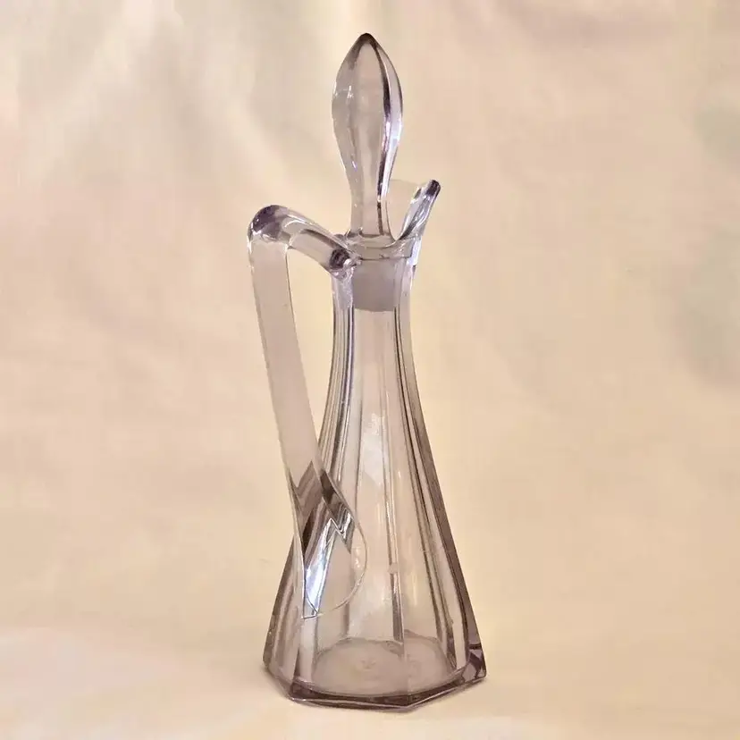 Glass Cruet with Stopper Purple Tinged Clear Glass 8" tall Hexagon Base Vintage