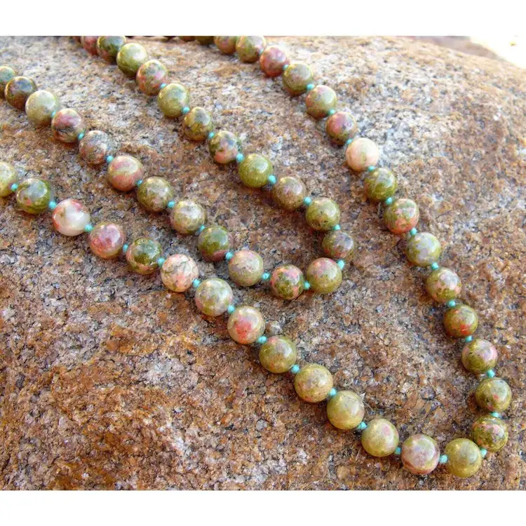 VTG 32" UNAKITE 89 BEADS NECKLACE 7mm Red Jasper & Green Epidote Bead Knotted