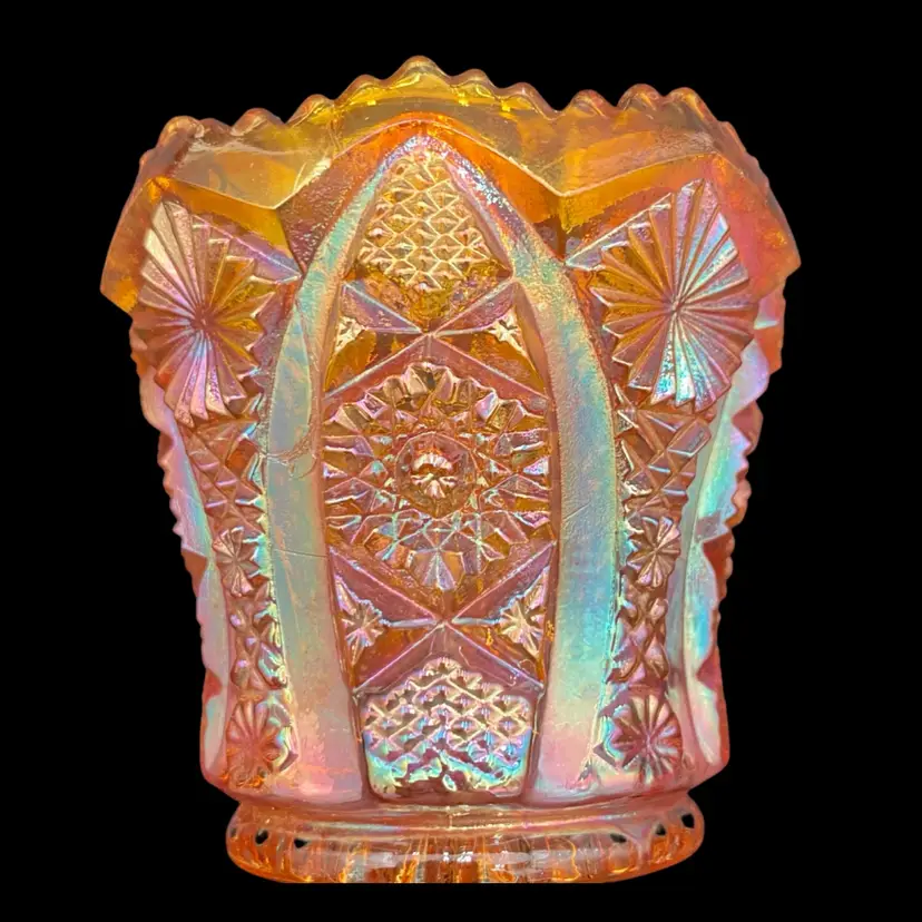 Vintage Imperial Glass Toothpick Holder, Marigold Carnival Glass, Daisy & Button