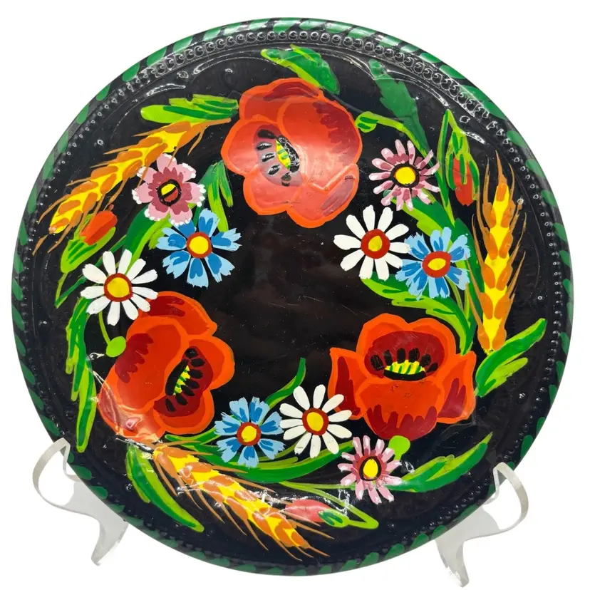 Ukrainian Petrykivka Style Hand Painted Floral with Wheat Plate 8”