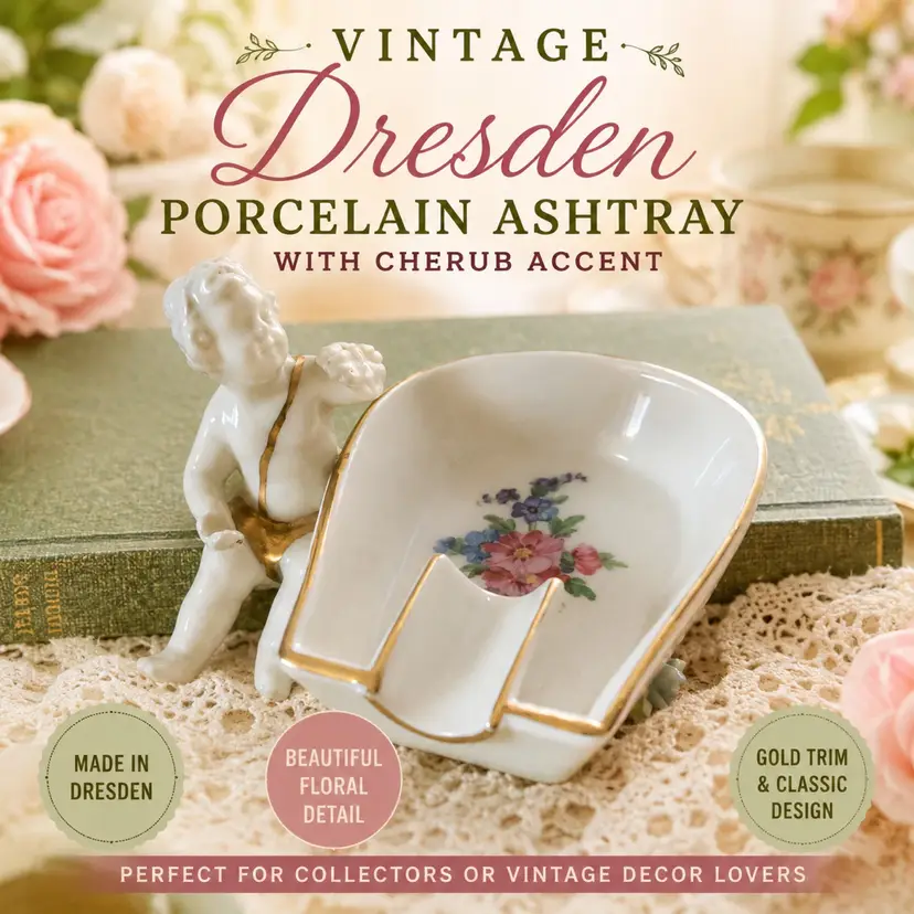 Vintage Dresden Porcelain Cherub Ashtray | Hand-Painted Floral | Gold Trim | Collectible Vanity Decor