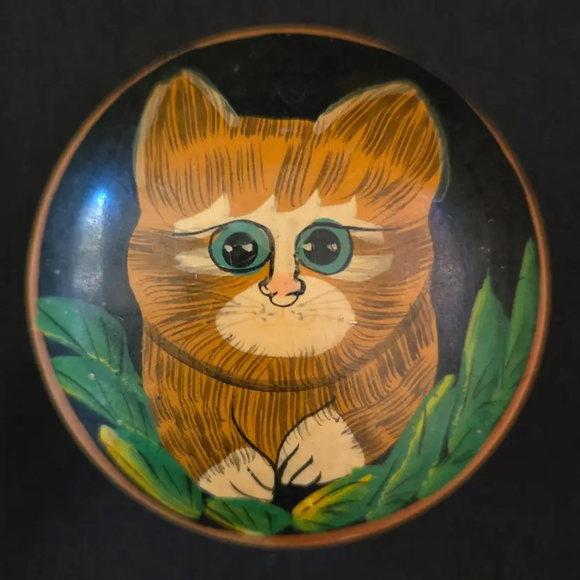 Kitty Wood Trinket Box Lidded Hand Painted 2⅜”D Original Sticker made in China