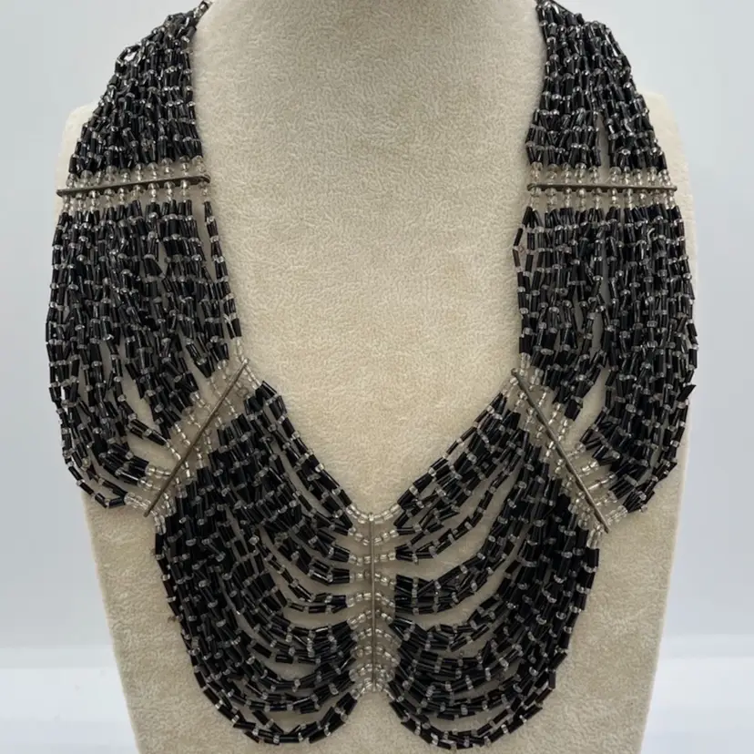 #J7 - Vintage Black Glass Seed Bead Collar Necklace - Silver Tone Necklace