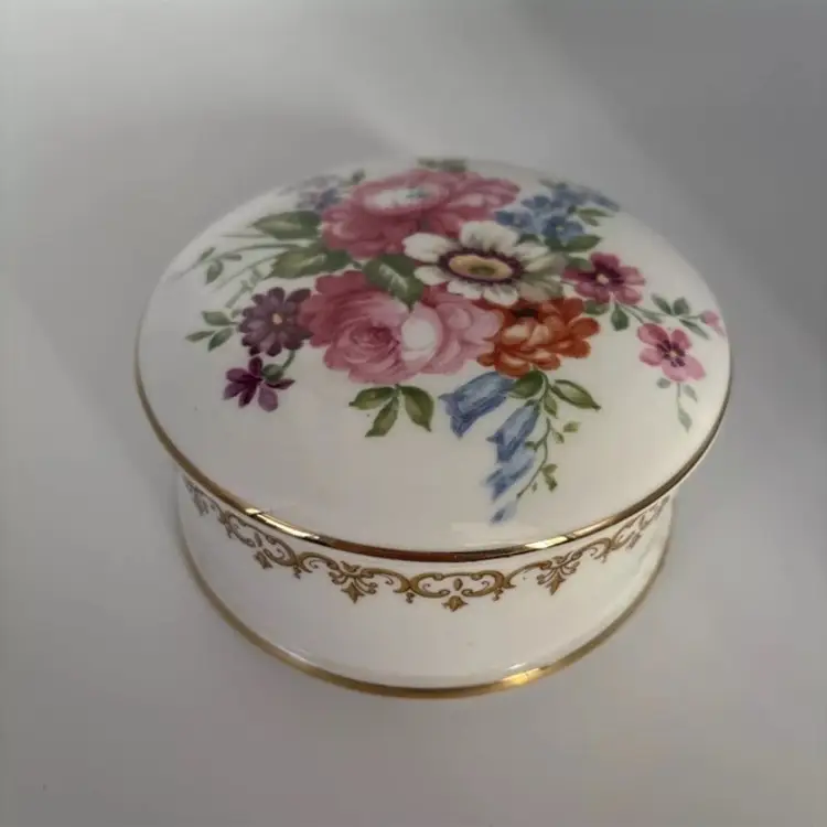 Staffordshire England Trinket Box Fine Bone China Floral Vintage