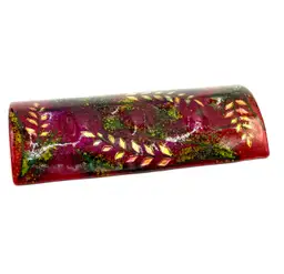 Fused Art Glass Red Green With Iridescent Leaves Rectangle Curved Decor Tray Signed