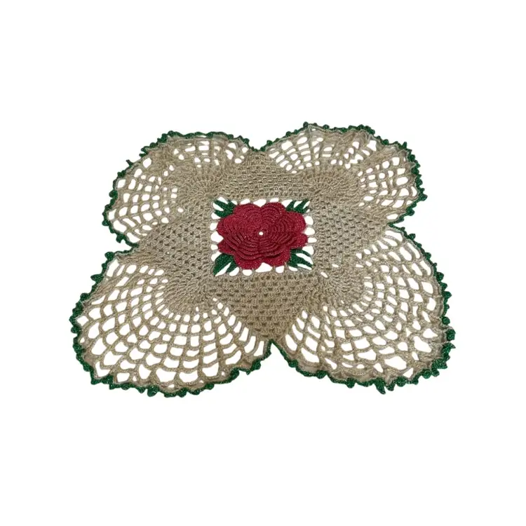 3D Pink Rose Crocheted Clover Shaped Doily @14x14 With Green Trim
