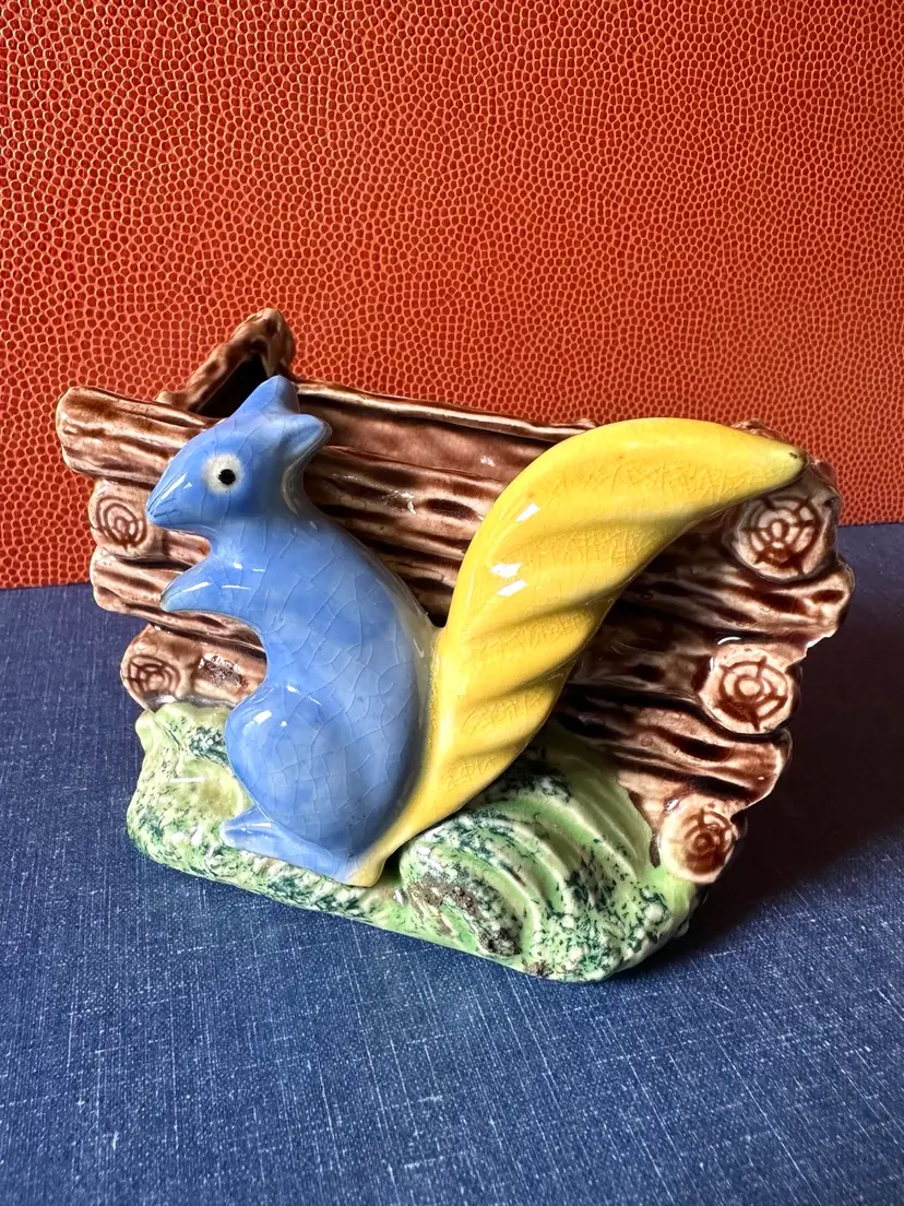 Vintage Planter Blue Squirrel w Yellow Tail Made in occupied Japan No Chips Or Cracks 3” Tall Color carnival