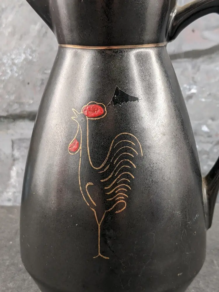 Black Redware Coffee Milk Tea Covered Pitcher Server Rooster Chicken 50s MCM
