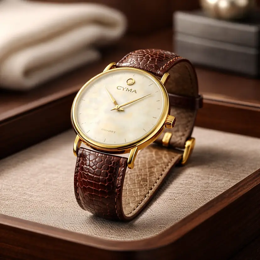 CYMA Quartz Wrist Watch w/ Mother of Pearl Face & GenuineLizard Band, 8.5"