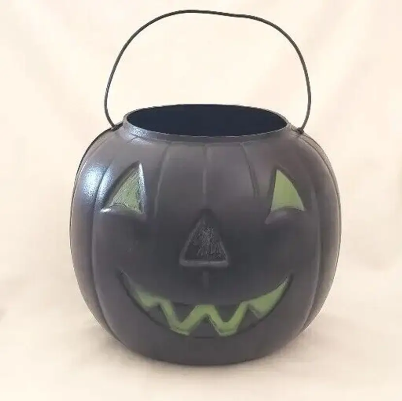 Halloween Bucket Pumpkin Trick or Treat General Foam Black Pail Green Eyes Vintage