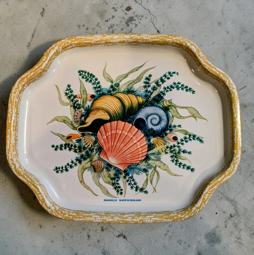 Vtg Elite Tray England Seashells Beach Coastal Metal Tin Small Tray Dish Plate