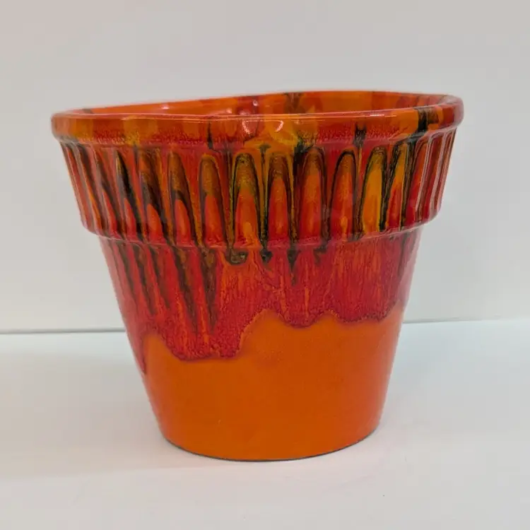 Vintage MCM California USA Pottery Drip Glaze Orange Red Planter Groovy 6x5"