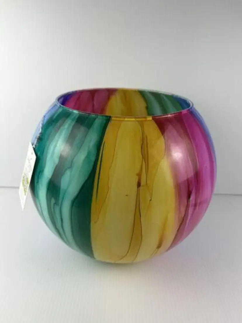 Vidi Glass Handmade Reverse Painted Rainbow Striped Short Round 9" Vase NWT