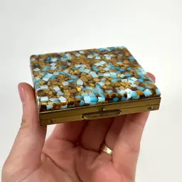 Vintage Gold & Blue Confetti Metal Makeup Compact With Mirror