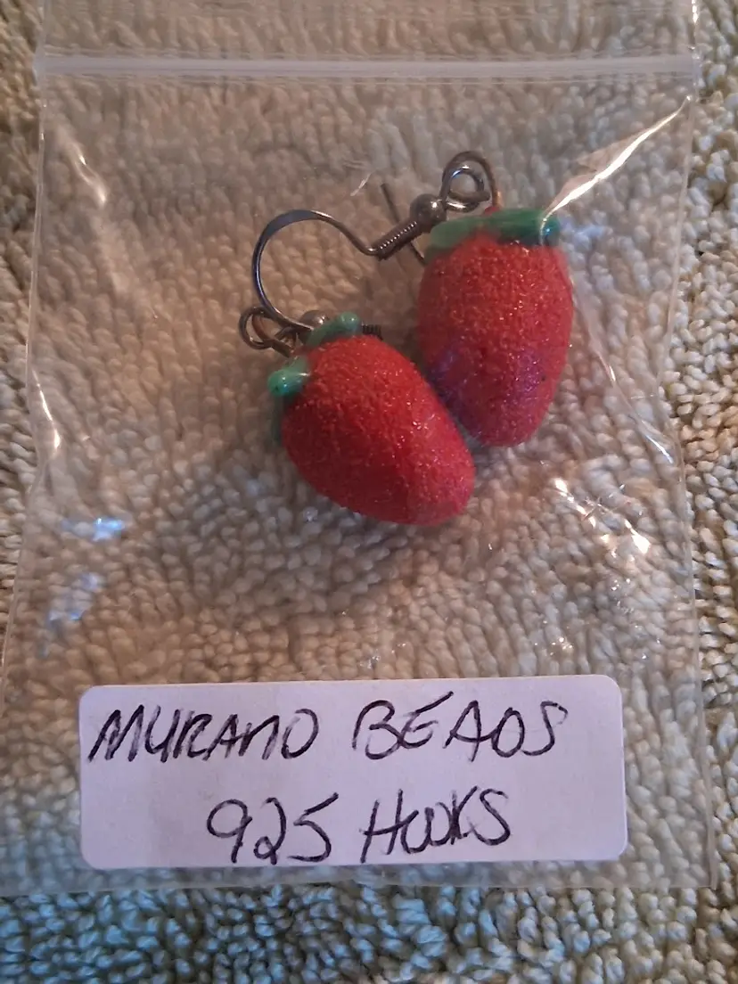 Handmade Vintage Murano Lampwork Strawberry Bead Earrings, 925 Fishhooks