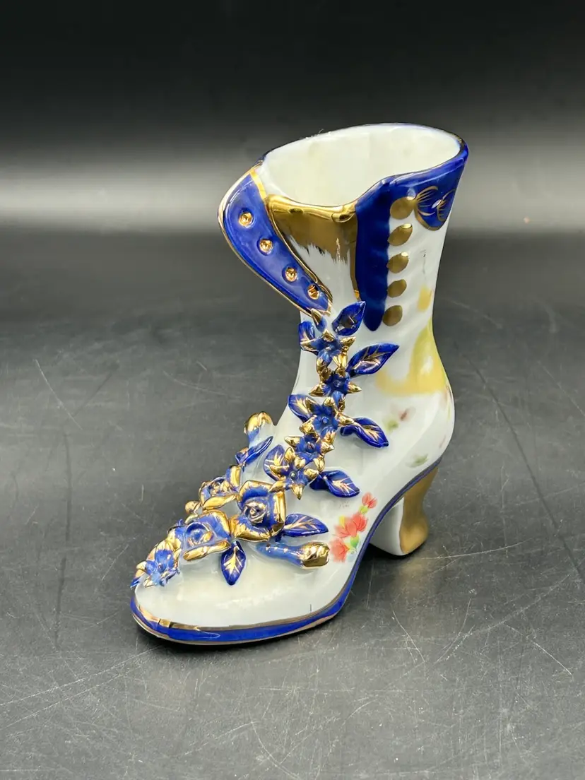 Limoges China Boot with Hand Painted Floral Cobalt Blue Gold Roses Figurine