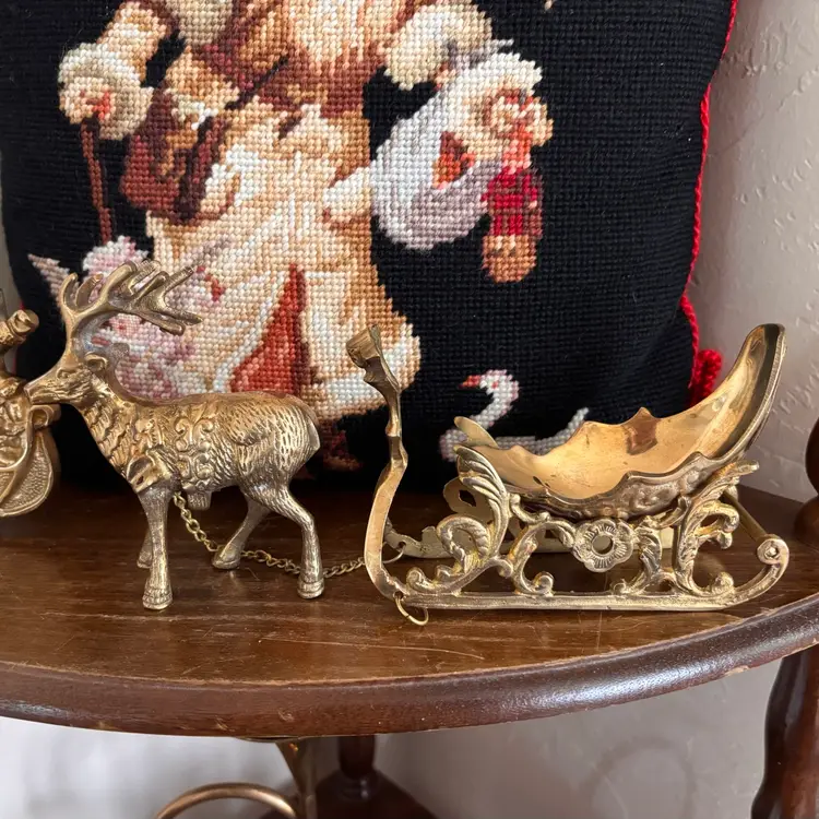 Vintage Solid Brass Ornate Christmas Sleigh & Reindeer