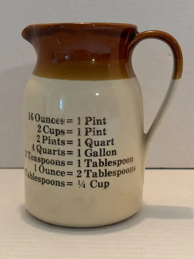 Vintage Little Brown&Cream Jug Pottery Pitcher With Cooking Measurement Convert