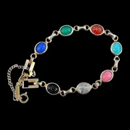 Scarab Link Bracelet With Safety Chain, Vintage Costume Jewelry