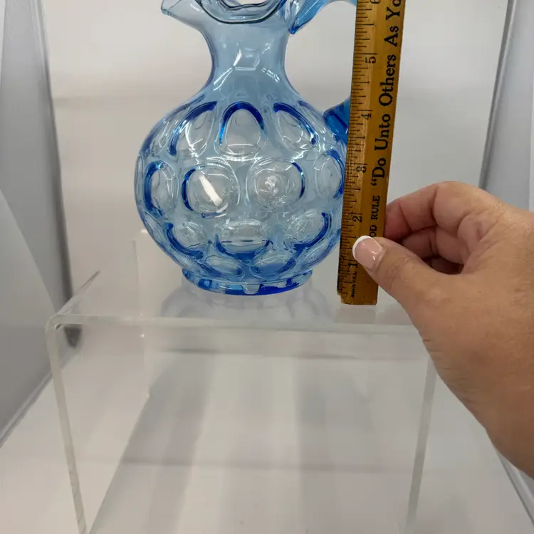 Vintage Fenton blue coin dot glass pitcher with ruffled rim