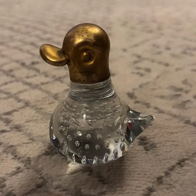 Vintage Blown Glass & Brass Duck Bullicante Controlled Bubbles Figurine Paperweight - 3.5”