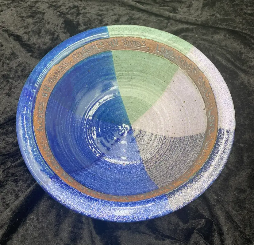 Claybanks Pottery (MI) Stoneware Bowl, Inscribed Love Verses - 1 Cor. 13:7, MINT