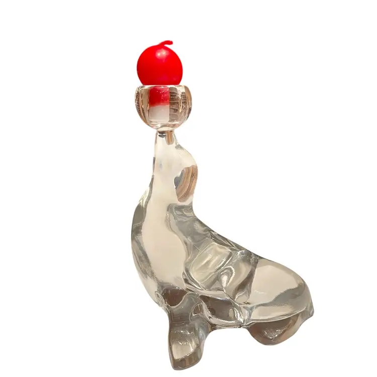 Vintage Figurine/Candle Clear Glass Seal Balancing Red Ball (Candle) New Martinsville READ
7” T x 6” L x  5-1/2” W