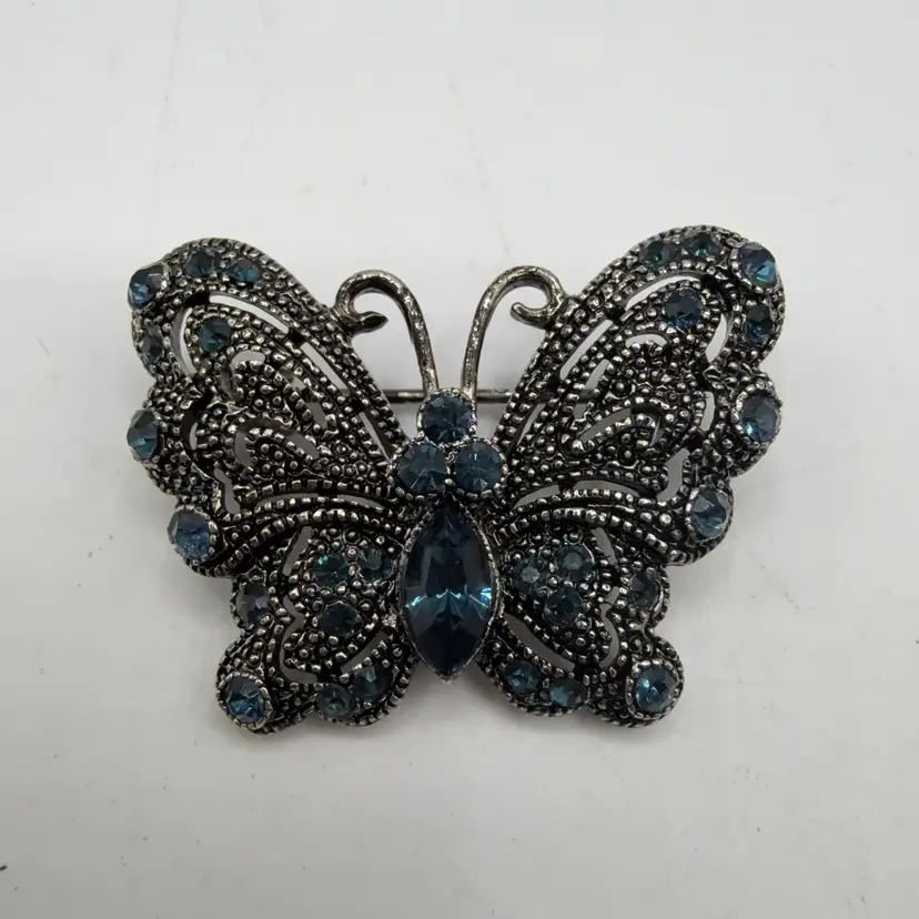 Dark Silver Tone Butterfly Brooch Blue Rhinestones Marked LDA