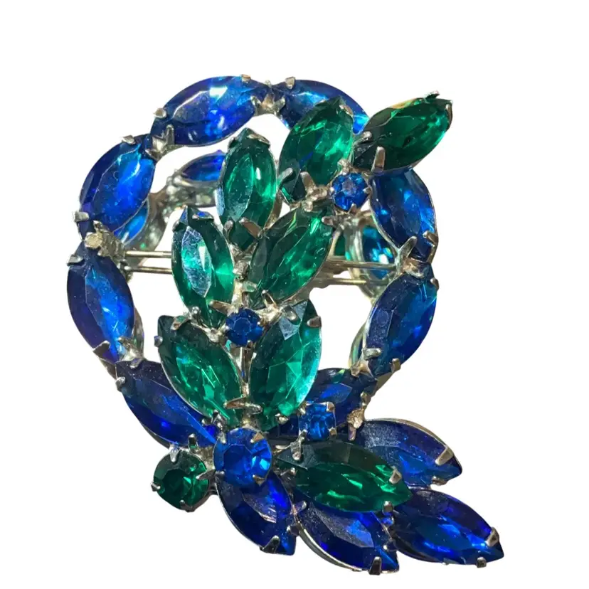 Stunning Vintage Brooch In Sapphire Blue And Emerald Green Navette And Round Crystals