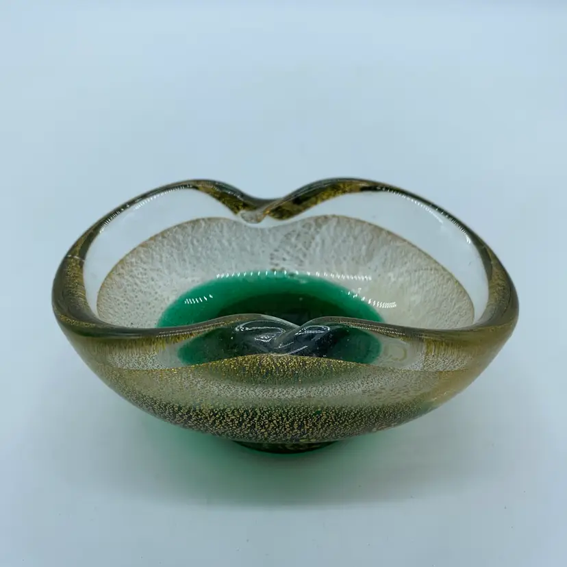 #1214 Vintage Murano glass organic bowl with aventurine and green interior.